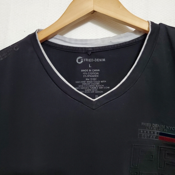 Fried Denim Graphic Embossed V-Neck T-Shirt - Picture 3 of 6